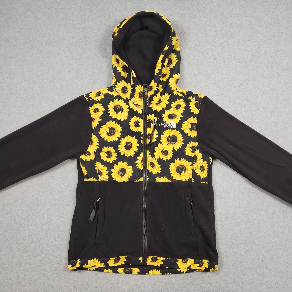 The North Face Jacket Womens Small Black Fleece Sunflower Print Denali Hooded - Picture 2 of 14